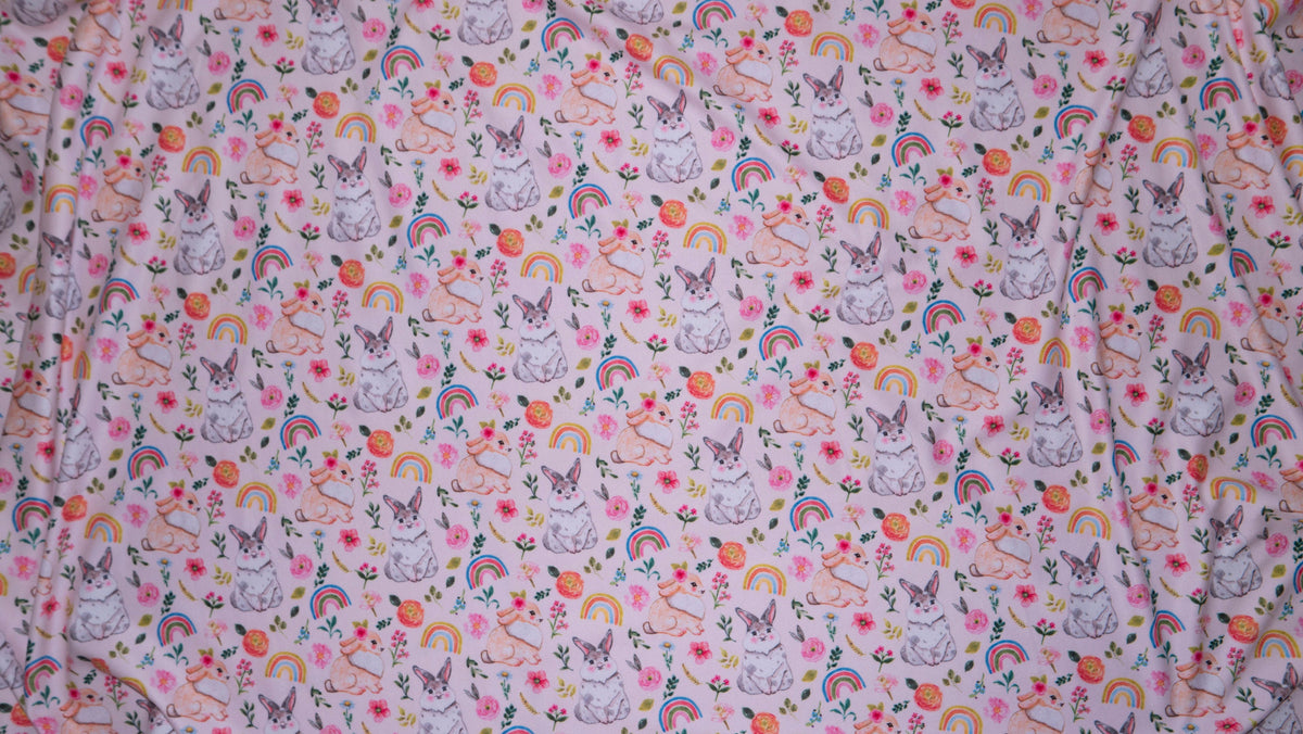 Spring Bunny Rainbow Floral #177 Double Brushed Polyester Spandex Apparel Stretch Fabric 190 GSM 58"-60" Wide By The Yard