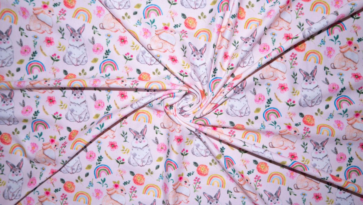 Spring Bunny Rainbow Floral #177 Double Brushed Polyester Spandex Apparel Stretch Fabric 190 GSM 58"-60" Wide By The Yard