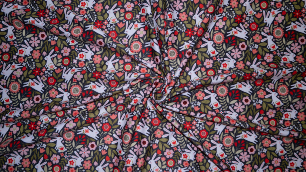 Spring Bunny Floral #178 Double Brushed Polyester Spandex Apparel Stretch Fabric 190 GSM 58"-60" Wide By The Yard