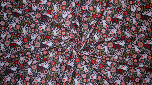 250 GSM DBP Spring Bunny Floral #178 Double Brushed Polyester Spandex Apparel Stretch Fabric 58"-60" Wide By The Yard