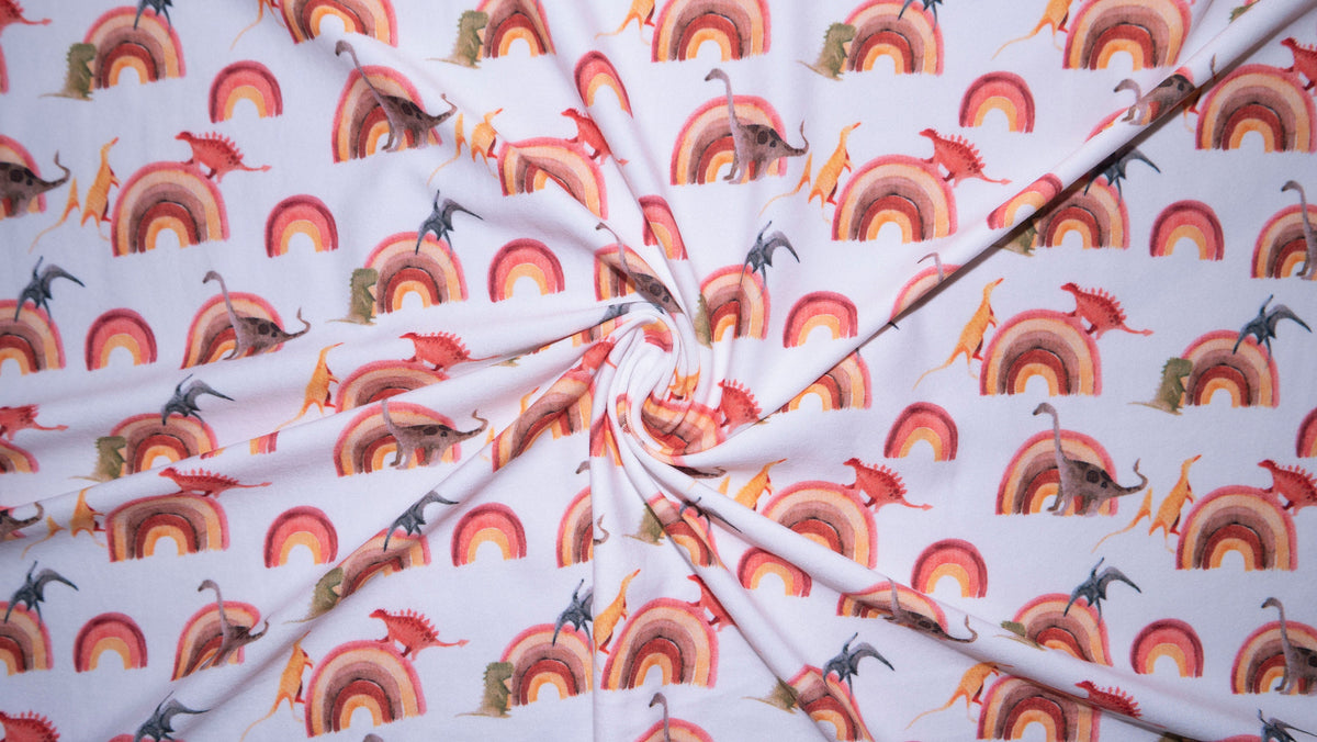 Rainbow Dino DBP Print #192 Double Brushed Polyester Spandex Apparel Stretch Fabric 190 GSM 58"-60" Wide By The Yard