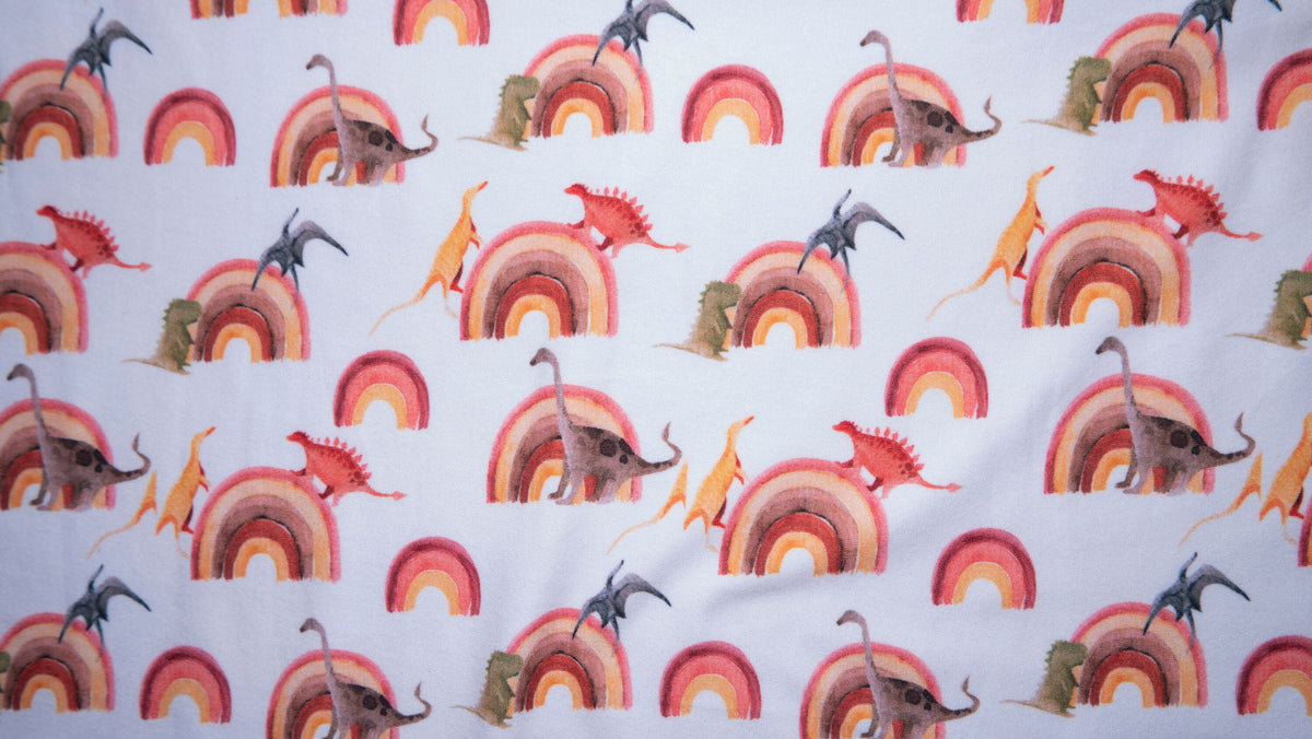 Rainbow Dino DBP Print #192 Double Brushed Polyester Spandex Apparel Stretch Fabric 190 GSM 58"-60" Wide By The Yard
