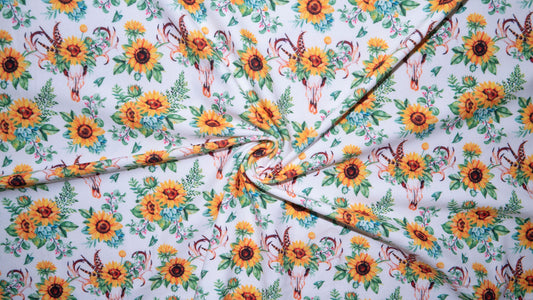 Sunflower Boho Cow Skull DBP Print #195 Double Brushed Polyester Spandex Apparel Stretch Fabric 190 GSM 58"-60" Wide By The Yard