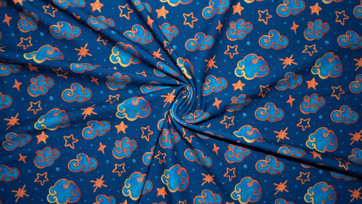 Clouds Stars DBP Print #211 Double Brushed Polyester Spandex Apparel Stretch Fabric 190 GSM 58"-60" Wide By The Yard