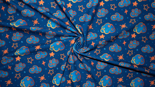 Clouds Stars DBP Print #211 Double Brushed Polyester Spandex Apparel Stretch Fabric 190 GSM 58"-60" Wide By The Yard