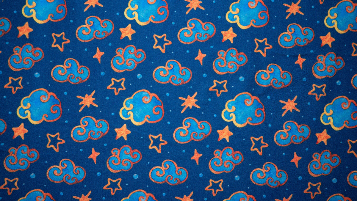 Clouds Stars DBP Print #211 Double Brushed Polyester Spandex Apparel Stretch Fabric 190 GSM 58"-60" Wide By The Yard