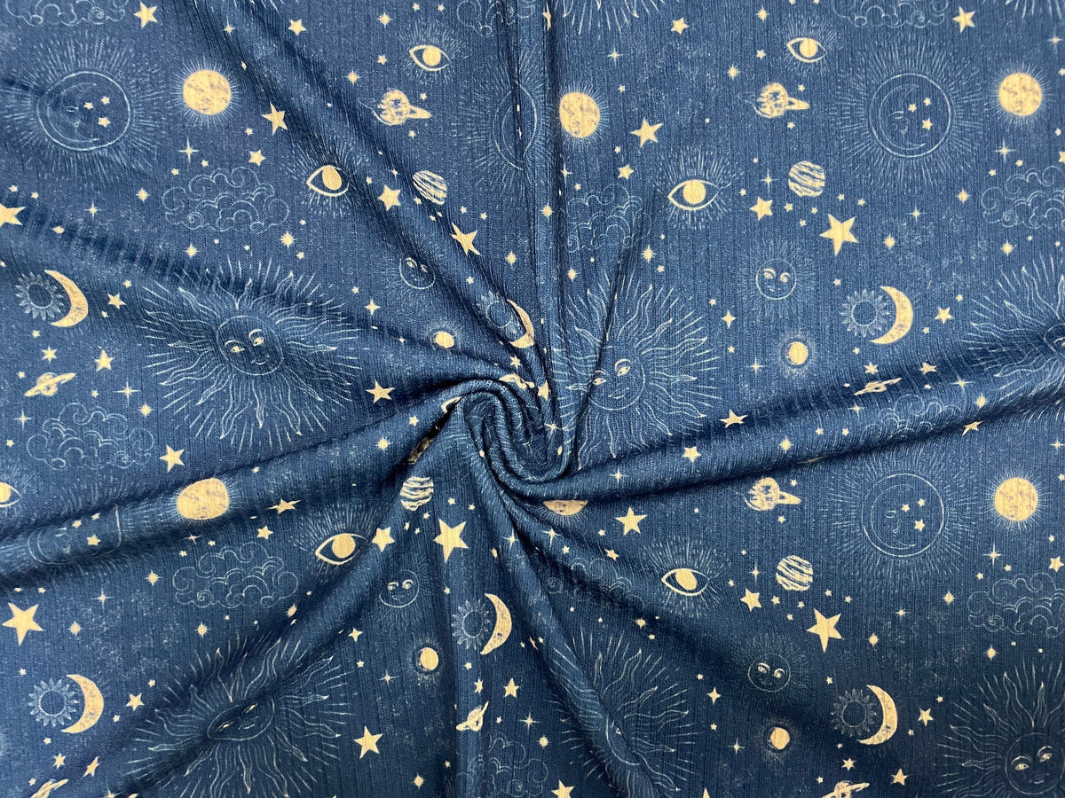 Sun Moon Star Rib Knit Print #14 4x2 Jersey Knit Polyester Rayon Spandex Stretch 190GSM Apparel Fabric 58"-60" Wide By The Yard