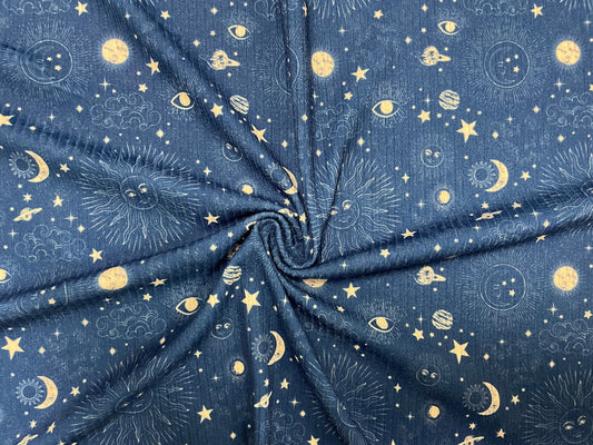 Sun Moon Star Rib Knit Print #14 4x2 Jersey Knit Polyester Rayon Spandex Stretch 190GSM Apparel Fabric 58"-60" Wide By The Yard