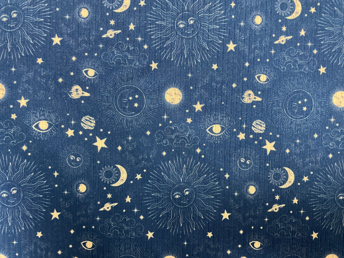 Sun Moon Star Rib Knit Print #14 4x2 Jersey Knit Polyester Rayon Spandex Stretch 190GSM Apparel Fabric 58"-60" Wide By The Yard
