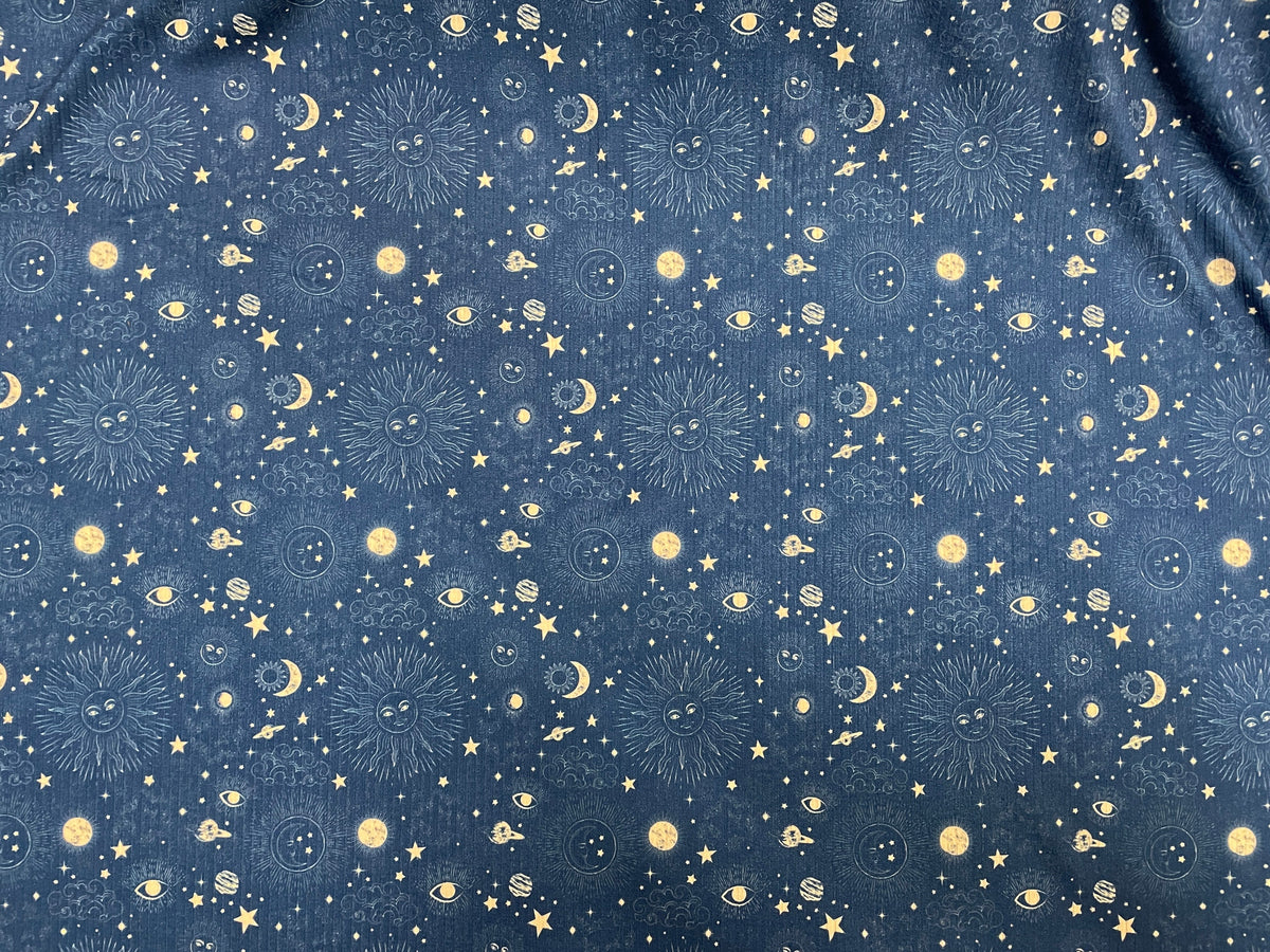 Sun Moon Star Rib Knit Print #14 4x2 Jersey Knit Polyester Rayon Spandex Stretch 190GSM Apparel Fabric 58"-60" Wide By The Yard
