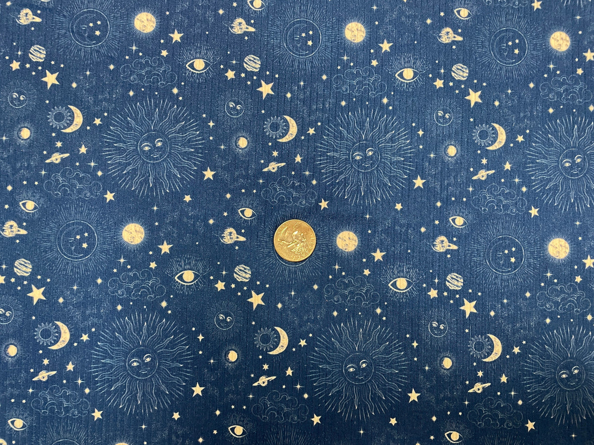 Sun Moon Star Rib Knit Print #14 4x2 Jersey Knit Polyester Rayon Spandex Stretch 190GSM Apparel Fabric 58"-60" Wide By The Yard
