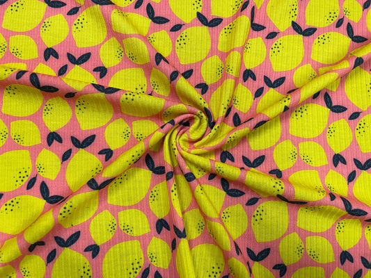 Lemons Rib Knit Print #16 4x2 Jersey Knit Polyester Rayon Spandex Stretch 190GSM Apparel Fabric 58"-60" Wide By The Yard