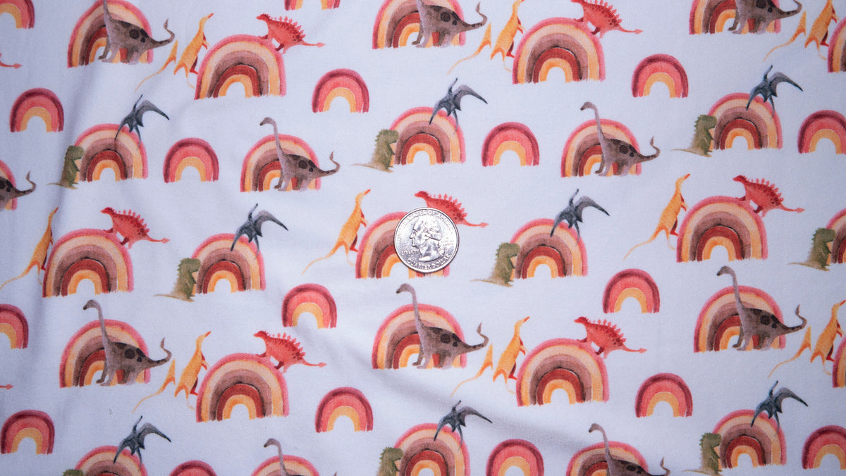 Rainbow Dino DBP Print #192 Double Brushed Polyester Spandex Apparel Stretch Fabric 190 GSM 58"-60" Wide By The Yard