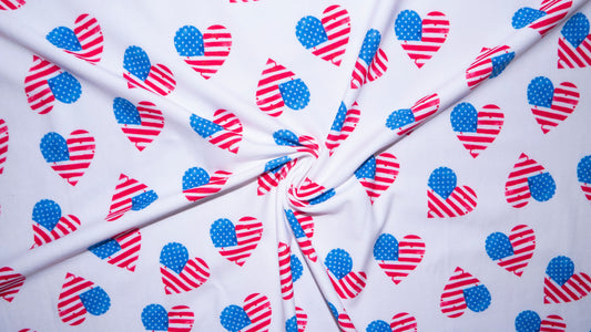 American Flag Heart DBP Print #210 Double Brushed Polyester Spandex Apparel Stretch Fabric 190 GSM 58"-60" Wide By The Yard
