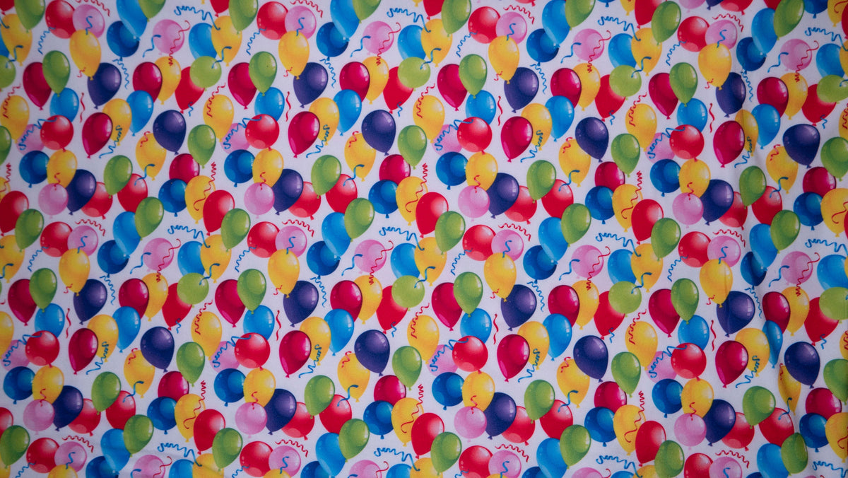 Birthday Balloons DBP Print #216 Double Brushed Polyester Spandex Apparel Stretch Fabric 190 GSM 58"-60" Wide By The Yard
