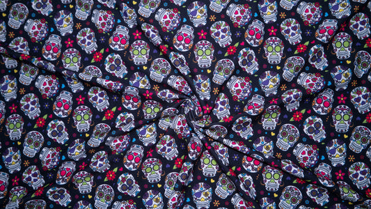 Sugar Skulls DBP Print #222 Double Brushed Polyester Spandex Apparel Stretch Fabric 190 GSM 58"-60" Wide By The Yard