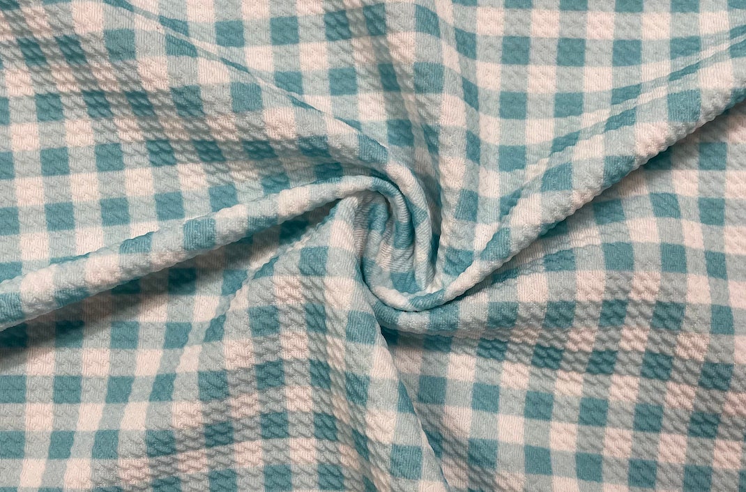 Pastel Blue Gingham Bullet Print #372 Ribbed Scuba Techno Double Knit 2-Way Stretch Poly Spandex Apparel Craft Fabric 58"-60" Wide BTY