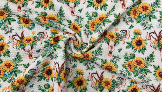 Sunflower Boho Cow Skull Bullet Print #384 Ribbed Scuba Techno Double Knit 2-Way Stretch Poly Spandex Apparel Craft Fabric 58"-60" Wide BTY
