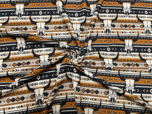 Cow Skull Rib Knit Print #6 4x2 Jersey Knit Polyester Rayon Spandex Stretch 190GSM Apparel Fabric 58"-60" Wide By The Yard