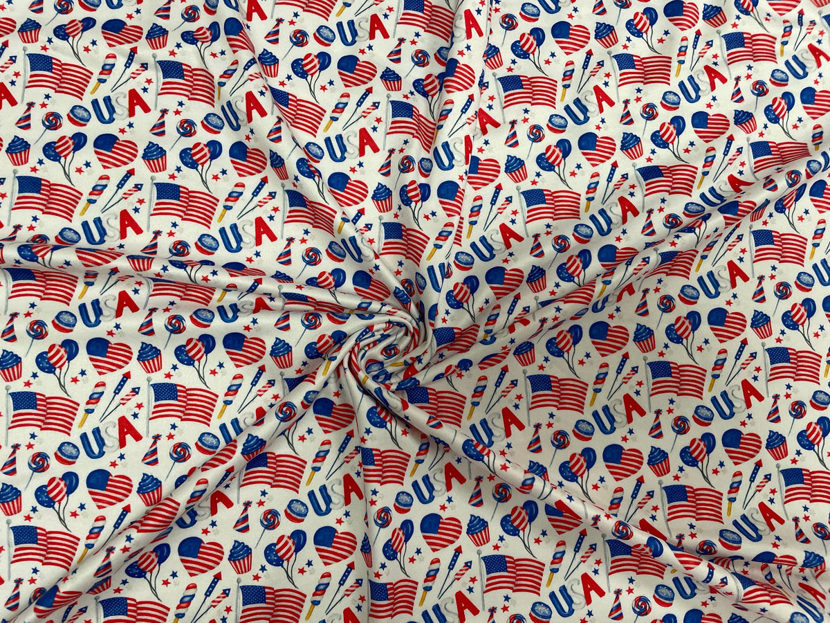 USA Fourth of July DBP Print #227 Double Brushed Polyester Spandex Apparel Stretch Fabric 190 GSM 58"-60" Wide By The Yard