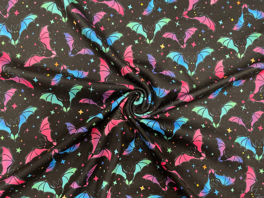 Neon Bats Halloween DBP Print #254 Double Brushed Polyester Spandex Apparel Stretch Fabric 190 GSM 58"-60" Wide By The Yard