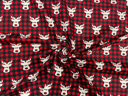 Buffalo Plaid Rudolph Reindeer DBP Print #260 Double Brushed Polyester Spandex Apparel Stretch Fabric 190 GSM 58"-60" Wide By The Yard