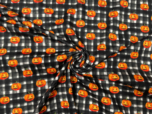 Buffalo Plaid Pumpkin Halloween DBP Print #265 Double Brushed Polyester Spandex Apparel Stretch Fabric 190 GSM 58"-60" Wide By The Yard