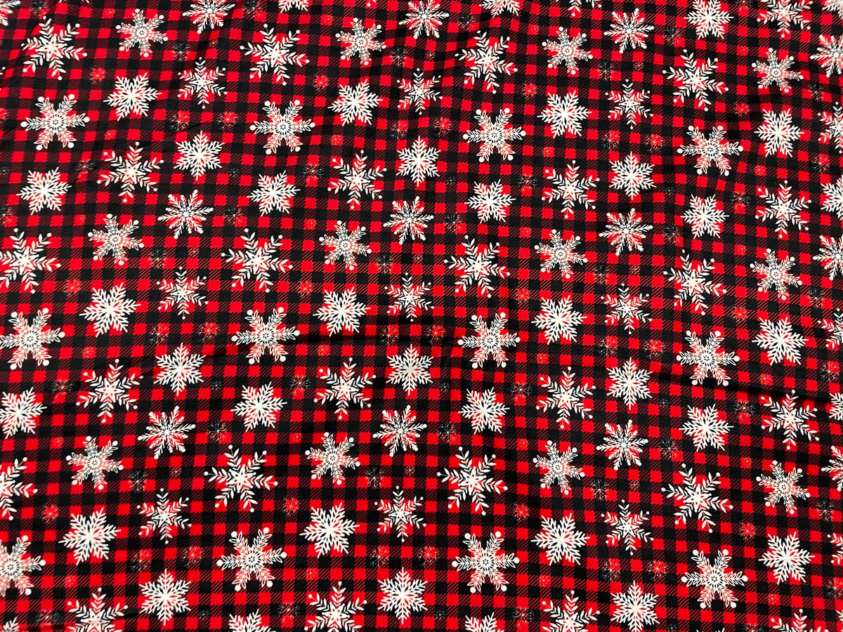 Buffalo Plaid Snowflake DBP Print #266 Double Brushed Polyester Spandex Apparel Stretch Fabric 190 GSM 58"-60" Wide By The Yard