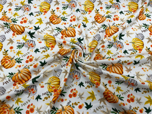 Fall Pumpkin Floral DBP Print #282 Double Brushed Polyester Spandex Apparel Stretch Fabric 190 GSM 58"-60" Wide By The Yard