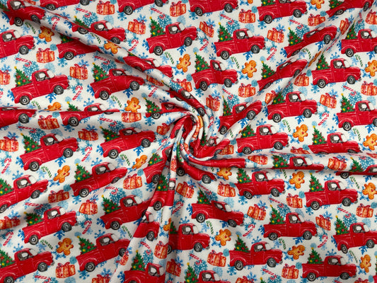 Red Christmas Truck Candy Cane DBP Print #295 Double Brushed Polyester Spandex Apparel Stretch Fabric 190 GSM 58"-60" Wide By The Yard