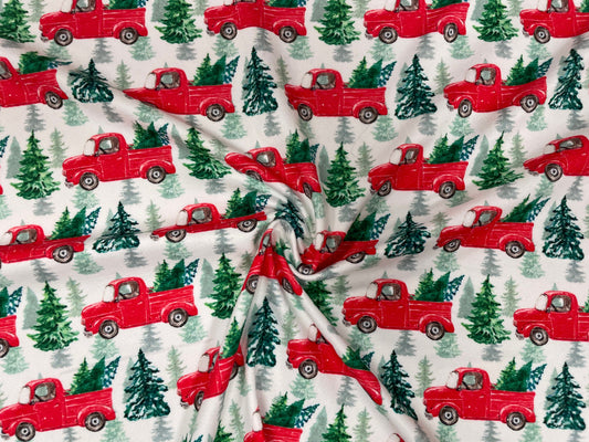 Classic Red Christmas Truck DBP Print #304 Double Brushed Polyester Spandex Apparel Stretch Fabric 190 GSM 58"-60" Wide By The Yard