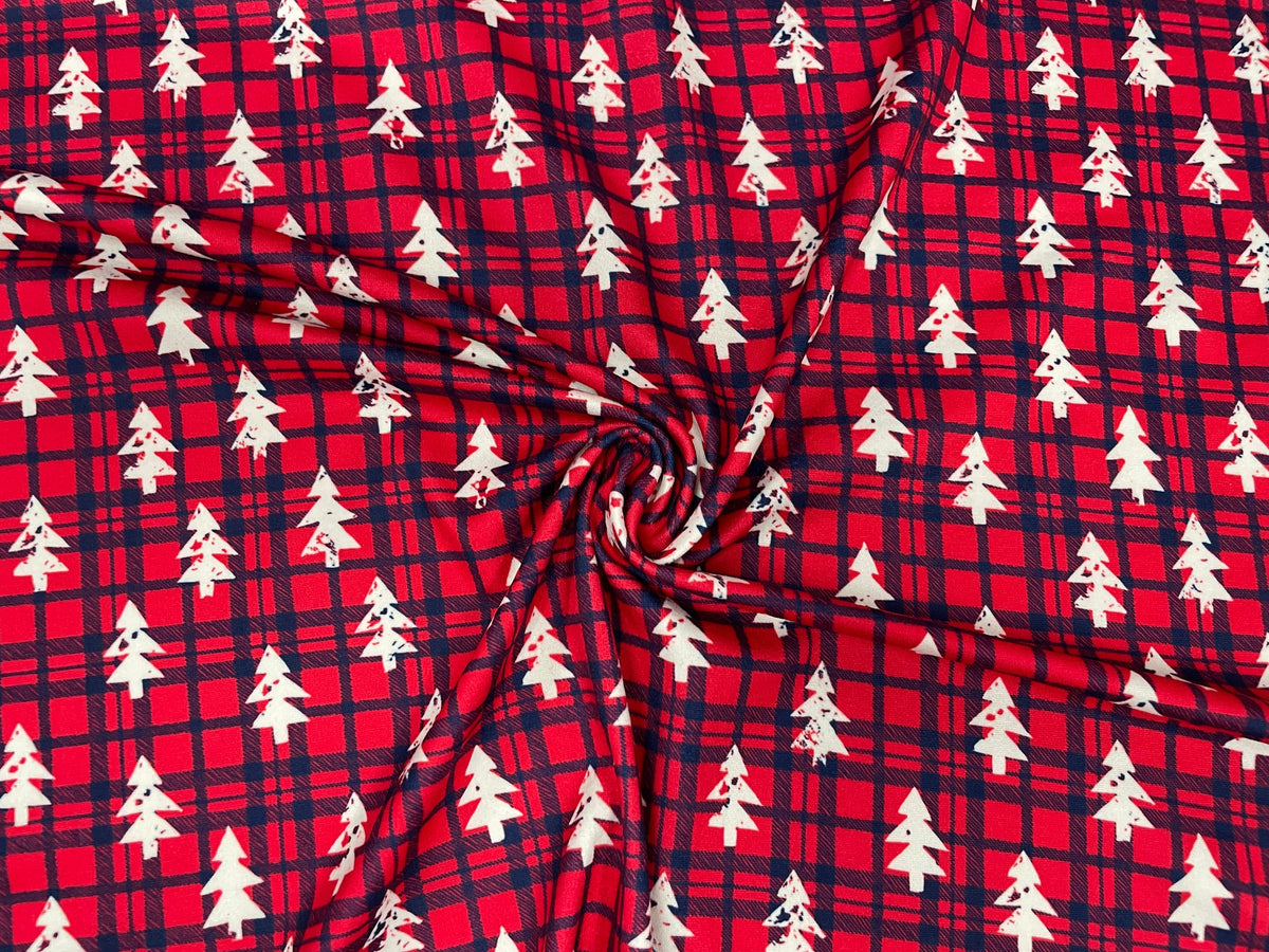 Plaid Christmas Tree DBP Print #307 Double Brushed Polyester Spandex Apparel Stretch Fabric 190 GSM 58"-60" Wide By The Yard