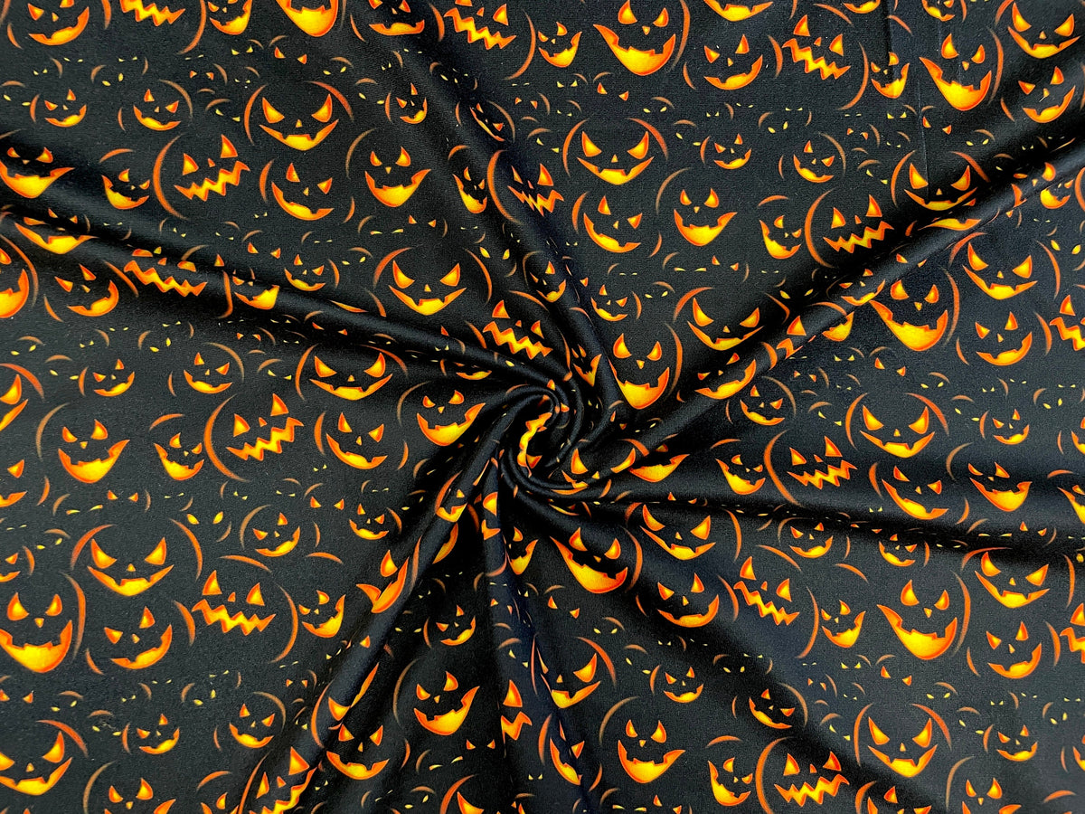 Jack-o-Lantern Scary Faces DBP Print #312 Double Brushed Polyester Spandex Apparel Stretch Fabric 190 GSM 58"-60" Wide By The Yard