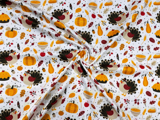 Turkey Thanksgiving Pumpkin Pie DBP Print #328 Double Brushed Polyester Spandex Apparel Stretch Fabric 190 GSM 58"-60" Wide By The Yard