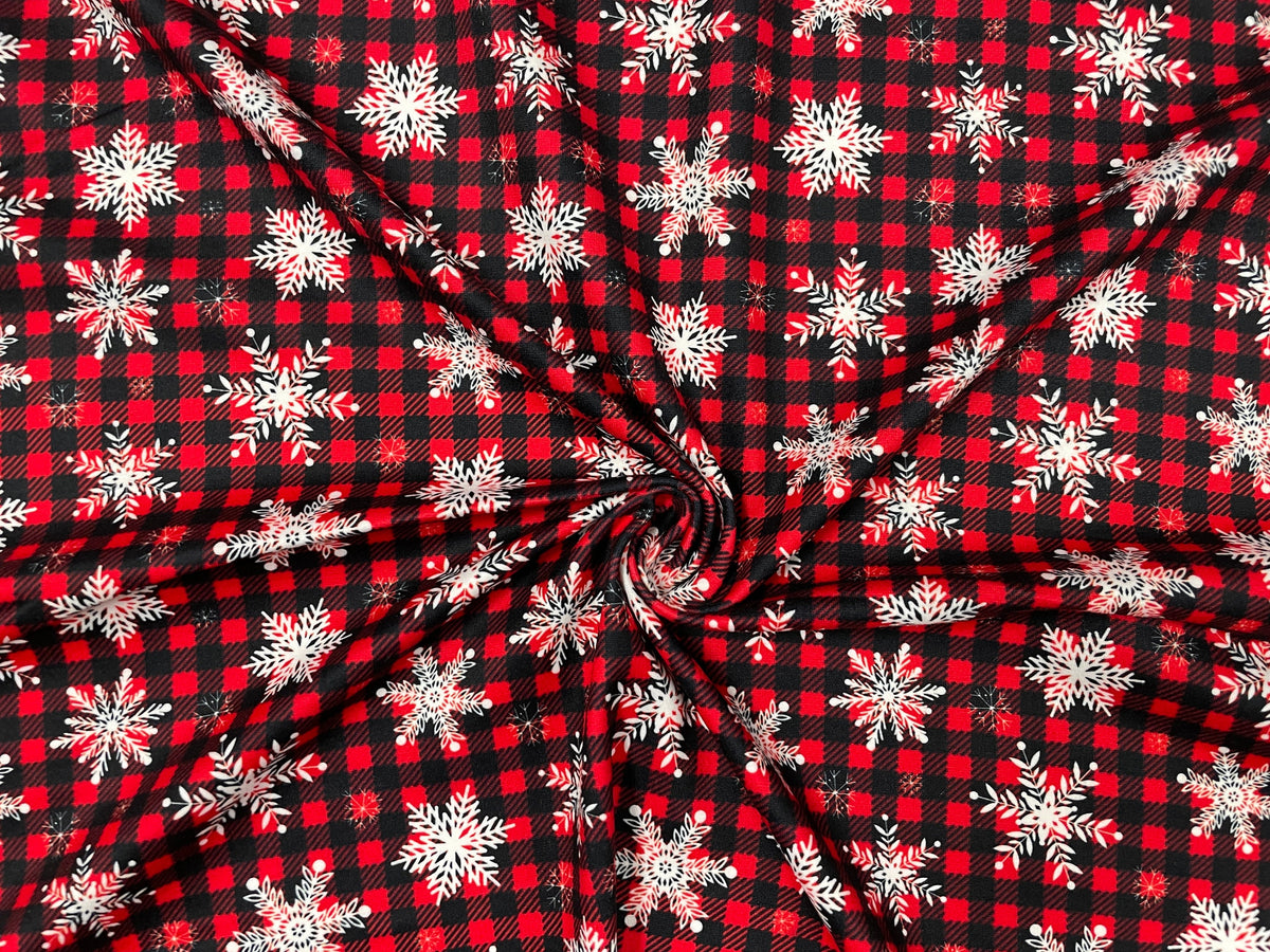 Buffalo Plaid Snowflake DBP Print #266 Double Brushed Polyester Spandex Apparel Stretch Fabric 190 GSM 58"-60" Wide By The Yard
