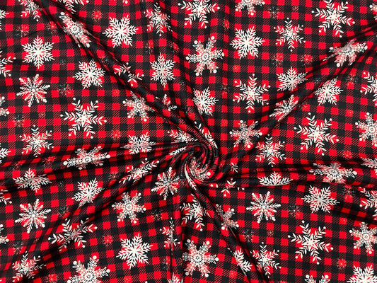 Buffalo Plaid Snowflake DBP Print #266 Double Brushed Polyester Spandex Apparel Stretch Fabric 190 GSM 58"-60" Wide By The Yard