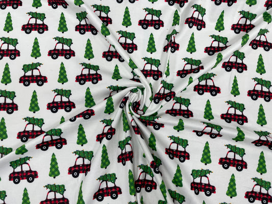 Red Christmas Truck Tree DBP Print #291 Double Brushed Polyester Spandex Apparel Stretch Fabric 190 GSM 58"-60" Wide By The Yard
