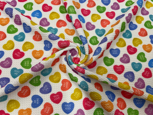 Candy Conversation Hearts Bullet Print #488 Ribbed Scuba Techno Double Knit 2-Way Stretch Poly Spandex Apparel Craft Fabric 58"-60" Wide BTY