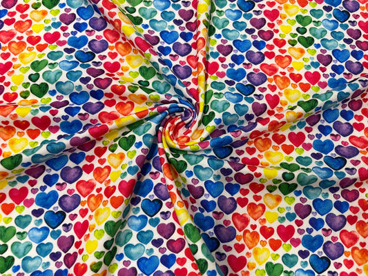 Rainbow Hearts DBP Print #392 Valentines Double Brushed Polyester Spandex Apparel Stretch Fabric 190 GSM 58"-60" Wide By The Yard