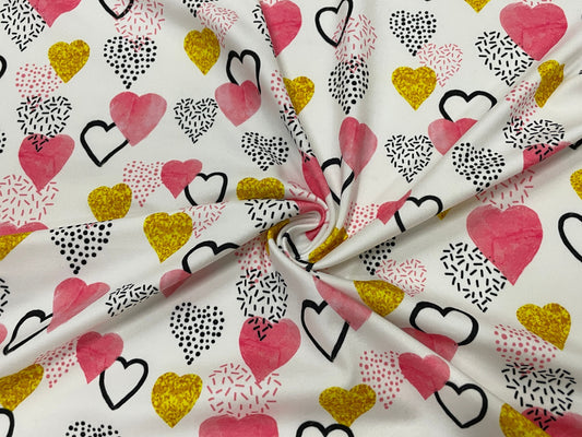 Gold Sparkle Hearts DBP Print #395 Valentines Double Brushed Polyester Spandex Apparel Stretch Fabric 190 GSM 58"-60" Wide By The Yard