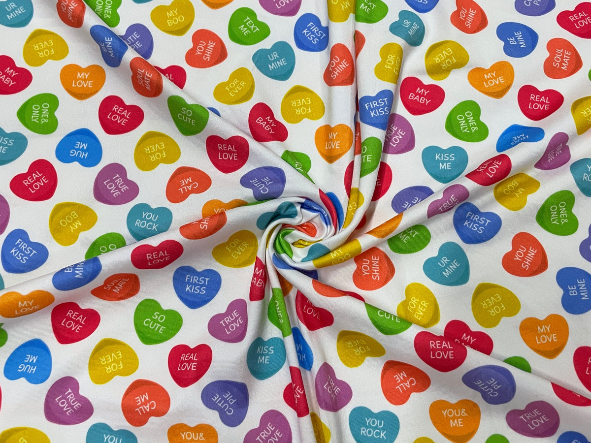 Candy Conversation Hearts DBP Print #396 Valentines Double Brushed Polyester Spandex Apparel Stretch Fabric 190 GSM 58"-60" Wide By The Yard