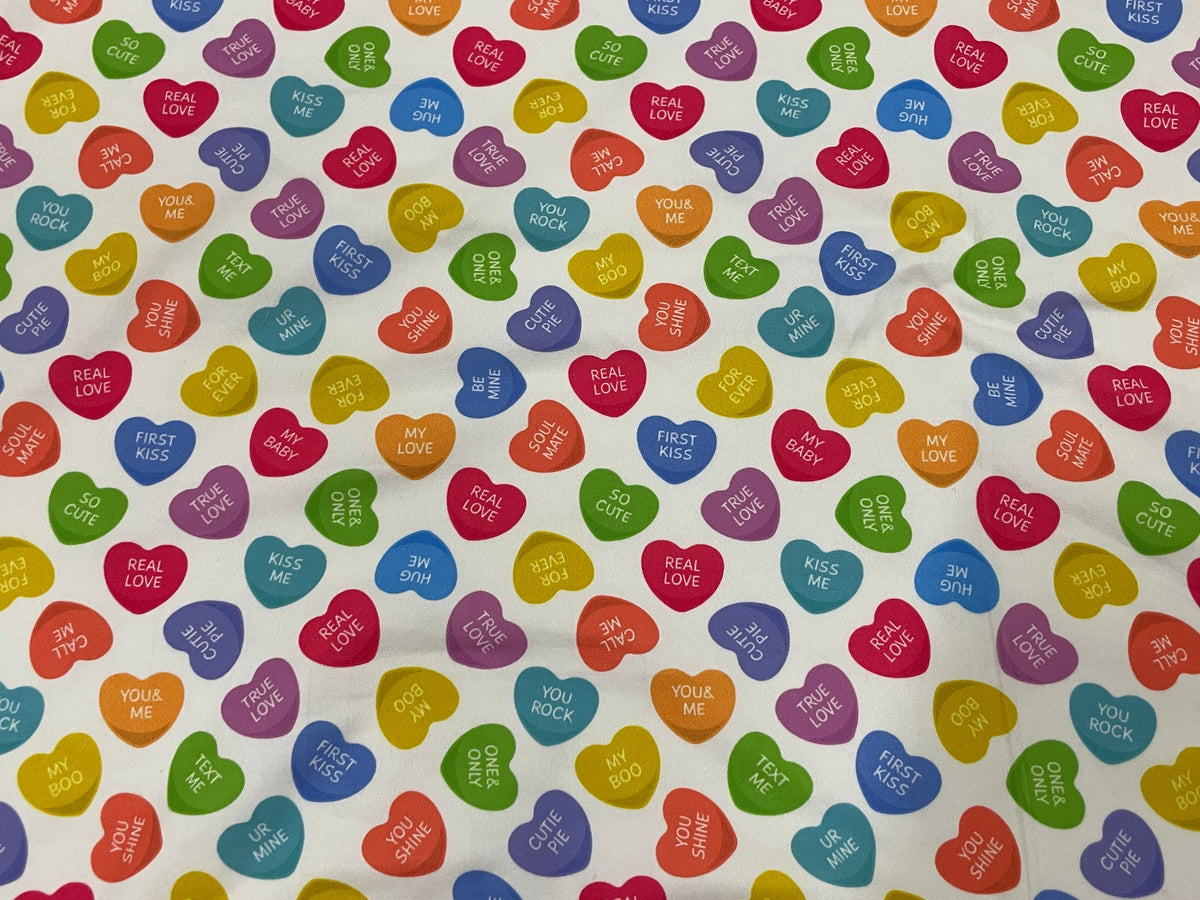 Candy Conversation Hearts DBP Print #396 Valentines Double Brushed Polyester Spandex Apparel Stretch Fabric 190 GSM 58"-60" Wide By The Yard