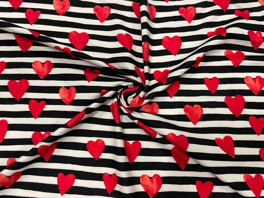 Stripes Hearts DBP Print #397 Valentines Double Brushed Polyester Spandex Apparel Stretch Fabric 190 GSM 58"-60" Wide By The Yard