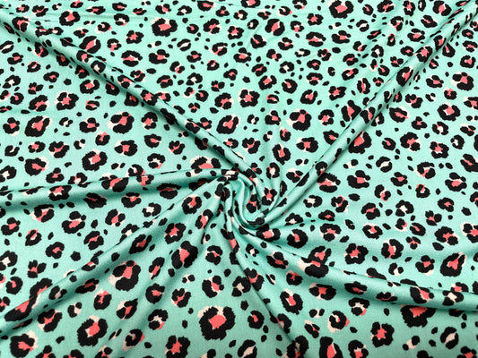 Mint Leopard DBP Print #437 Double Brushed Polyester Spandex Apparel Stretch Fabric 190 GSM 58"-60" Wide By The Yard