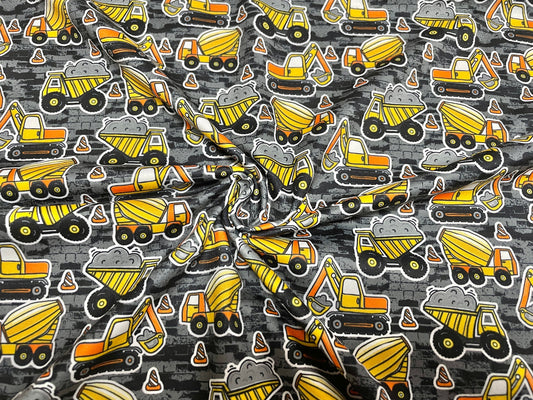Dump Trucks Construction Zone DBP Print #447 Double Brushed Polyester Spandex Apparel Stretch Fabric 190 GSM 58"-60" Wide By The Yard