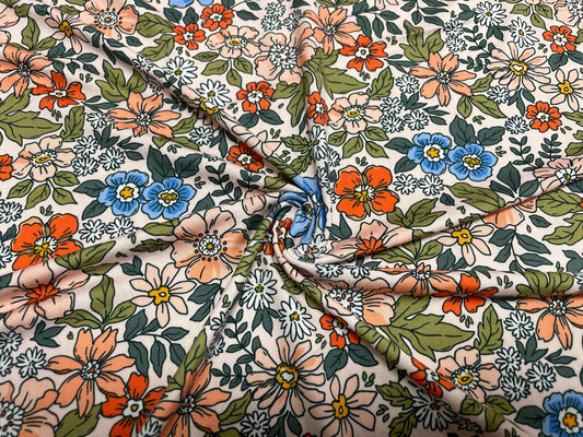Retro Floral DBP Print #454 Double Brushed Polyester Spandex Apparel Stretch Fabric 190 GSM 58"-60" Wide By The Yard