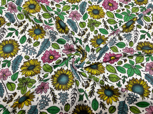 Sunflower Floral DBP Print #456 Double Brushed Polyester Spandex Apparel Stretch Fabric 190 GSM 58"-60" Wide By The Yard