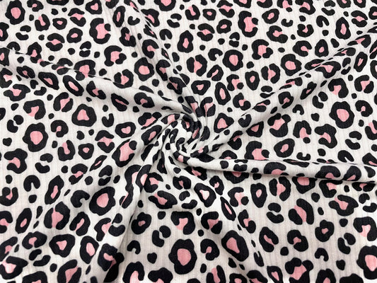 Pink Leopard Animal DBP 4x2 Rib Knit Print #68 Double Brushed Polyester Spandex Stretch 190GSM Apparel Fabric 58"-60" Wide By The Yard
