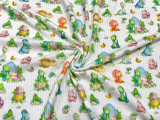 Baby Dinosaur DBP 4x2 Rib Knit Print #69 Double Brushed Polyester Spandex Stretch 190GSM Apparel Fabric 58"-60" Wide By The Yard