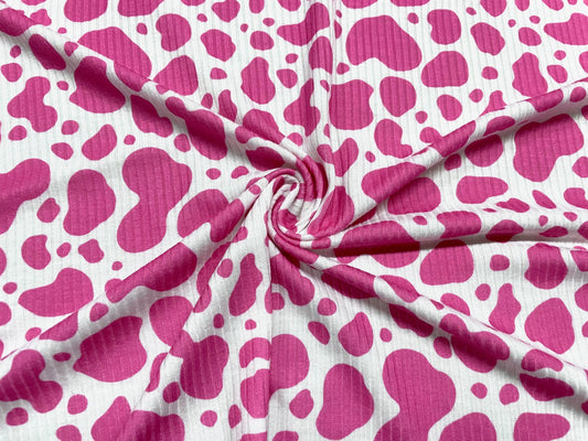 Cow Spot Pink White DBP 4x2 Rib Knit Print #80 Double Brushed Polyester Spandex Stretch 190GSM Apparel Fabric 58"-60" Wide By The Yard